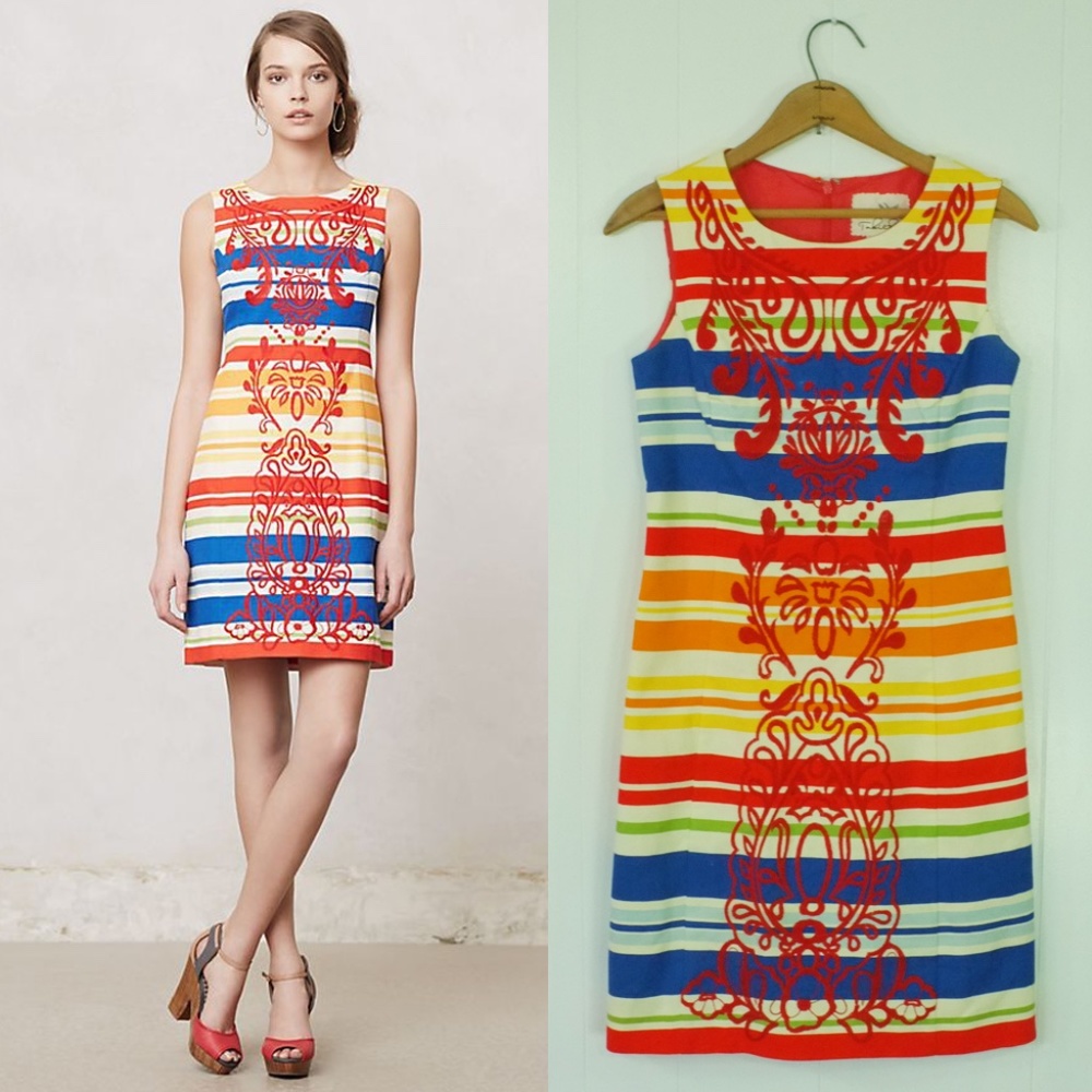 Anthropologie Tabitha Banded Totem Shift Dress | Striped Dress Embroidered Dress